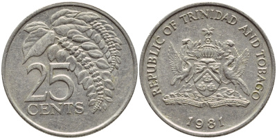 Тринидад и Тобаго 25 центов 1981 цветок дикая пуансеттия KM 32 медно-никель 4396-765
