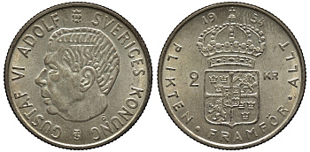 Швеция 2 эре 1954 TS, Густав VI Адольф (1950-1973) КМ 821 бронза 4602-654