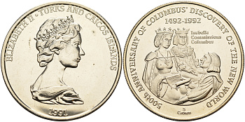 Теркс и Кайкос 5 крон 1991 500 лет открытия Америки, Колумб и королева Изабелла KM 75 медно-никель  UNC 11-236-53