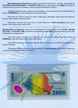РУМЫНИЯ 2000 ЛЕЙ 1999 МИЛЛЕНИУМ, СОЛНЕЧНАЯ СИСТЕМА, СЕРИЯ 001А, В ОРИГИНАЛЬНОМ БУКЛЕТЕ Pick 111b пластик UNC (ПРЕСС) 2192-43-1