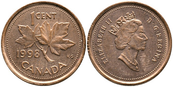 КАНАДА 1 ЦЕНТ 1998 ЕЛИЗАВЕТА II (1952-), КЛЕНОВЫЙ ЛИСТ, ТРЕТИЙ ПОРТРЕТ В КОРОНЕ KM 289 сталь плакированная медью 4532-731