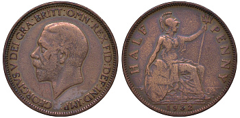 Великобритания 1/2 пенни 1932 Георг V (1910-1936) KM 837, Spink 4058 бронза 4122-742