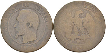ФРАНЦИЯ 10 САНТИМОВ 1854 W, НАПОЛЕОН III (1852-1870) KM 771.7, LE FRANC 133.17 бронза 215-545