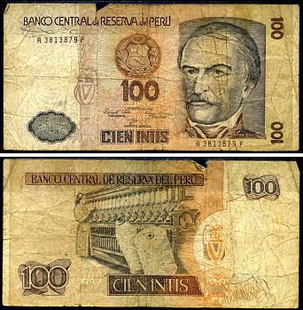 Перу 100 инти 1985 Рамон Кастилья, прядильная машина, 1 марта 1985 Pick 132 a бумага 2192-51-1-2