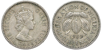 Нигерия 6 пенсов 1959 Елизавета II (1952-), британский протекторат KM 4 медно-никель 4588-737