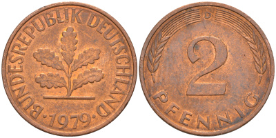 ФРГ 2 пфеннига 1979 D KM 106а, J. 381а сталь плакированная медью 55-1226