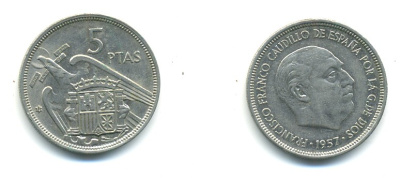 ИСПАНИЯ 5 ПЕСЕТ 1957 (73) ФРАНСИСКО ФРАНКО ДИКТАТОР ИСПАНИИ (1939-1975) KM 786 медно-никель 80-1127