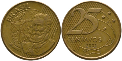 Бразилия 25 сентаво 2002 KM 650, Schon 158 сталь плакированная бронзой 4525-332