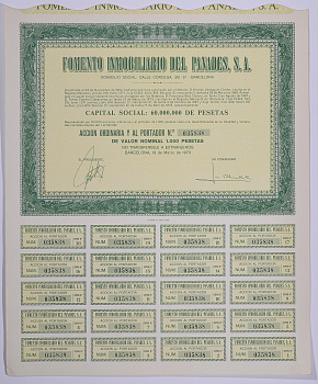 Испания акция на 1000 песет 1973 Fomento Inmobiliario del Panades, S.A., Барселона 1973, с купонами бумага 5548-30-1-2
