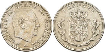 Дания 5 крон 1960 C; S, Фредерик IX (1947-1972) KM 853.1 медно-никель 38-441