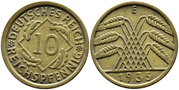 ГЕРМАНИЯ 10 РЕЙХСПФЕННИГОВ 1935 E, KM 40, J. 317 алюминиевая бронза 4390-837
