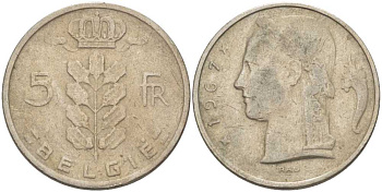 Бельгия 5 франков 1967 Belgie, Бодуэн I (1951-1993) KM 135.1 медно-никель 60-1236