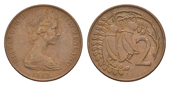 Новая Зеландия 2 цента 1972 Елизавета II (1952-2022), два цветка кохаи KM 32.1 бронза 4178-229