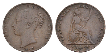 Великобритания 1 фартинг 1847 Виктория (1837-1901) KM 725, Spink 3950 бронза 4658-913