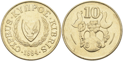 Кипр 10 центов 1994 ваза с птичками KM 56.3 никель латунь 4571-1027