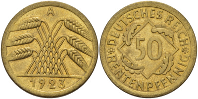 Германия 50 рентенпфеннигов 1923 A J. 310, KM 34 алюминиевая бронза UNC 1076-6-23