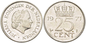 НИДЕРЛАНДЫ 25 ЦЕНТОВ 1971 ЮЛИАНА (1948-1980) KM 183 никель 214-959