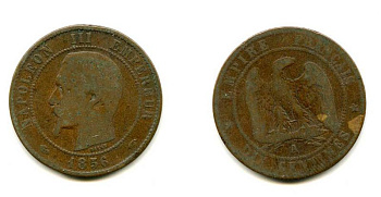 ФРАНЦИЯ 5 САНТИМОВ 1856 A, НАПОЛЕОН III (1852-1870) KM 777.1, LE FRANC 116.30 бронза 57-742