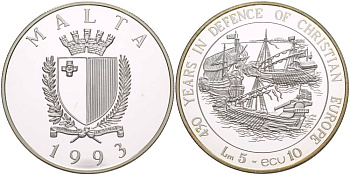 Мальта 5 лир (10 экю) 1993 430 лет защите христианства в Европе, парусник, цена по каталогу 100 $ KM 104 серебро PROOF 00-00