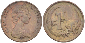 АВСТРАЛИЯ 1 ЦЕНТ 1975 ЕЛИЗАВЕТА II (1952-) МОЛОДОЙ ПОРТРЕТ, ОПОССУМ KM 62 бронза 4516-633