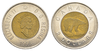 Канада 2 доллара 1996 Елизавета II (1952-2022), полярный медведь KM 270 биметалл UNC 4637-1016