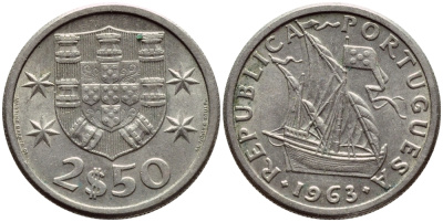 Португалия 2,5 эскудо 1963 парусник KM 590 медно-никель XF 4396-135