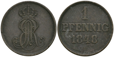 Ганновер 1 пфенниг 1848 B, Эрнст Август (1837-1851) KM 201.1, AKS 129, J. 74 медь 08-1367