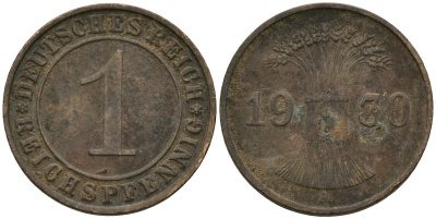 Германия 1 рейхспфенниг 1930 A KM 37, J. 313 бронза 4189-1128