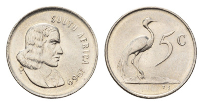 ЮАР 5 центов 1969 Ян ван Рибек (1619-1677), South Africa, легенда на англинском, райский журавль KM 67.1 медно-никель UNC 4643-142
