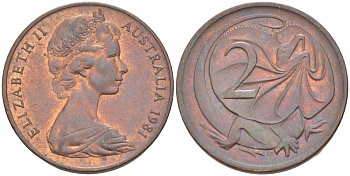 Австралия 2 цента 1981 Елизавета II (1952-2022), молодой портрет, плащеносная ящерица KM 63 бронза 4519-453