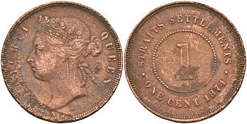 Стрейтс-Сетлментс 1 цент 1874 Виктория (1837-1901), Ост-Индская компания KM 9 медь 4590-411