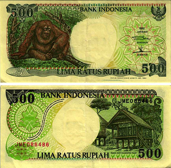 ИНДОНЕЗИЯ 500 РУПИЙ 1992/1993 ОРАНГУТАН Pick 128b бумага 6293-19-2-1