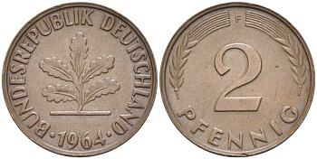 ФРГ 2 пфеннига 1964 F KM 106 бронза 4567-351