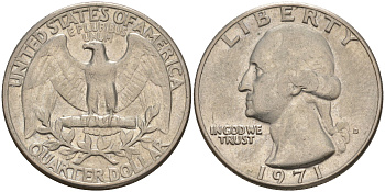 США 25 центов (квотер) 1971 D, Вашингтон KM 164a медь плакированная медно-никелем 4114-755