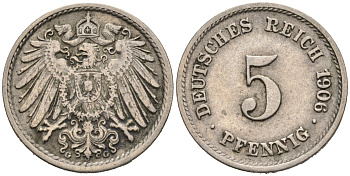 ГЕРМАНИЯ 5 ПФЕННИГОВ 1906 G, KM 11, J. 12 медно-никель 75-925
