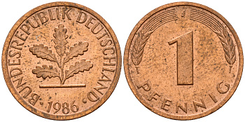 ФРГ 1 пфенниг 1986 J KM 105, J. 380 сталь плакированная медью    4598-641