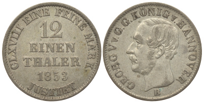ГАННОВЕР 1/12 ТАЛЕРА 1853 B, ГЕОРГ V (1851-1866) KM 219 серебро UNC 413-6123