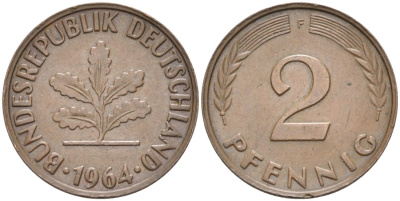 ФРГ 2 пфеннига 1964 F KM 106 бронза 4567-351