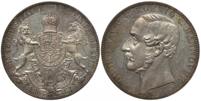 Брауншвейг-Каленберг-Ганновер 1 талер 1861 B, Георг V (1851-1866) КМ 230, AKS 144; Th.174; Kahnt 239 серебро 00-809-32