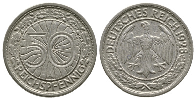 Германия 50 рейхспфеннигов 1928 A KM 49, J. 324 никель 4380-347