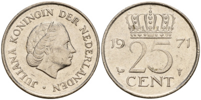 Нидерланды 25 центов 1971 Юлиана (1949-1980) KM 183 никель    4598-461