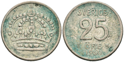 Швеция 25 эре 1960 Густав VI Адольф (1950-1973) KM 824 серебро 4564-753