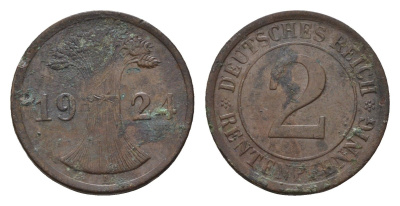 Германия 2 рентенпфеннига 1924 A KM 31, J. 307 бронза 4611-1133
