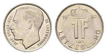 Люксембург 1 франк 1990 Герцог Жан (1964-1999) KM 63 сталь плакированная никелем 4702-222