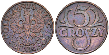 Польша 5 грошей 1928 KM 10а бронза 4594-326