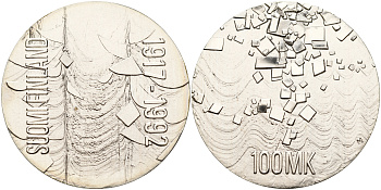 Финляндия 100 марок 1992 75 лет независимости KM 71 серебро UNC 1066-6-32