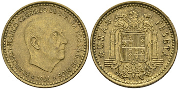 Испания 1 песета 1966 (68) Франсиско Франко (1939 - 1975) KM 796 алюминиевая бронза 4155-351