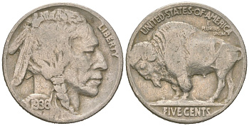 США 5 центов 1936 индеец, бизон KM 134 медно-никель 4614-1239