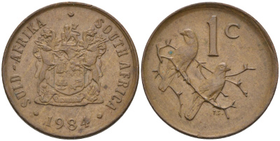 ЮАР 1 цент 1984 герб, капские воробьи KM 82 бронза 4588-1263
