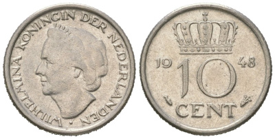 Нидерланды 10 центов 1948 Вильгельмина (1895-1948) KM 177 никель 4169-1257